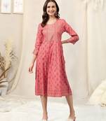 Coral Maroon Foil Print Mirrar Work Rayon Kurta