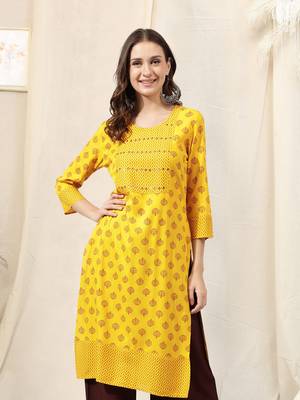 Yellow Maroon Jaipur Block Print Rayon Kurta 1