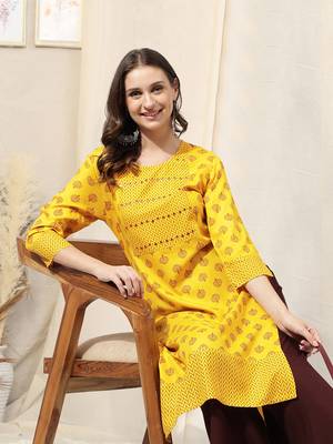 Yellow Maroon Jaipur Block Print Rayon Kurta 2