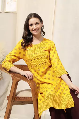 Yellow Maroon Jaipur Block Print Rayon Kurta