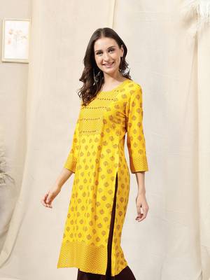 Yellow Maroon Jaipur Block Print Rayon Kurta 3