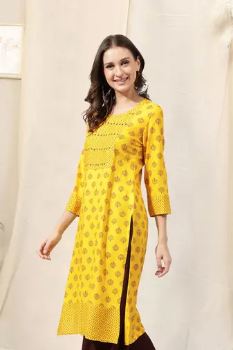 Yellow Maroon Jaipur Block Print Rayon Kurta