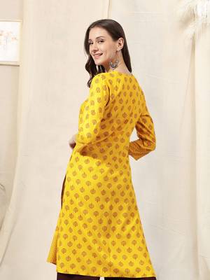 Yellow Maroon Jaipur Block Print Rayon Kurta 4