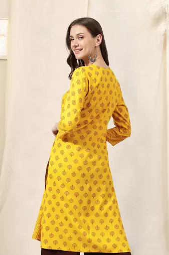 Yellow Maroon Jaipur Block Print Rayon Kurta