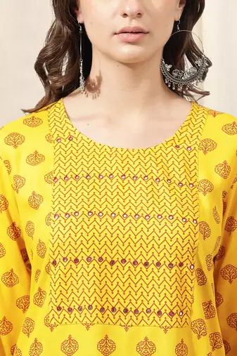 Yellow Maroon Jaipur Block Print Rayon Kurta