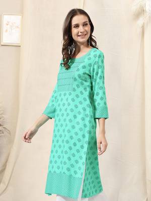 Light Teal Teal Jaipur Block Print Rayon Kurta 1