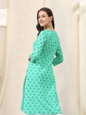 Light Teal Teal Jaipur Block Print Rayon Kurta 2