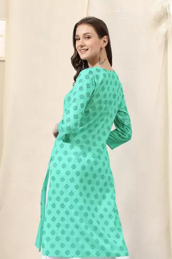 Light Teal Teal Jaipur Block Print Rayon Kurta