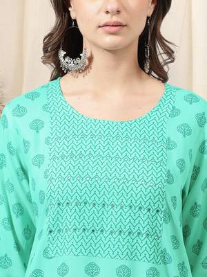 Light Teal Teal Jaipur Block Print Rayon Kurta 3