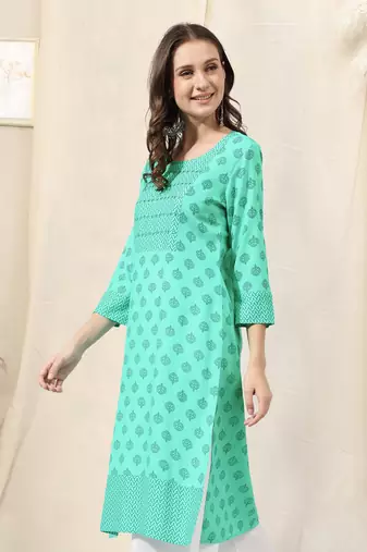 Light Teal Teal Jaipur Block Print Rayon Kurta
