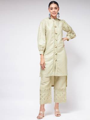 Pannkh womens festive foil printed shirt style kurta with high-low hemline 2