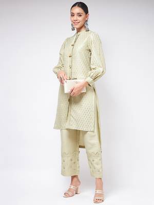 Pannkh womens festive foil printed shirt style kurta with high-low hemline 3