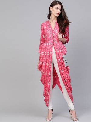 Pink Viscose Long Rayon Kurti with Abstract Print - Stitched 1
