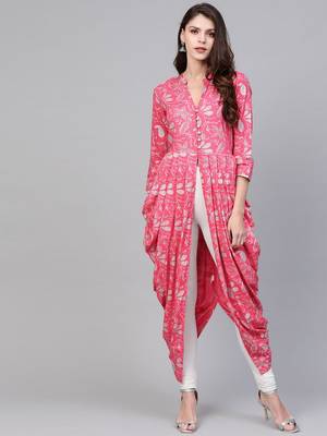 Pink Viscose Long Rayon Kurti with Abstract Print - Stitched 2