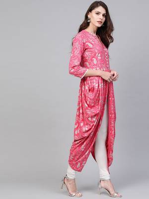 Pink Viscose Long Rayon Kurti with Abstract Print - Stitched 4