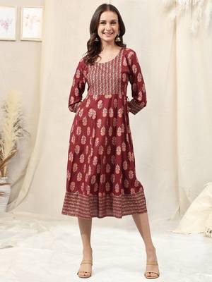 Maroon Orange Foil Print Mirrar Work Rayon Kurta 1