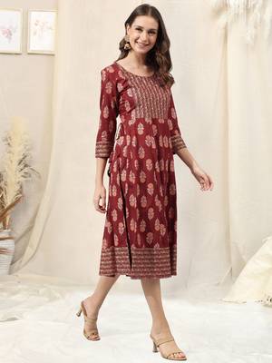 Maroon Orange Foil Print Mirrar Work Rayon Kurta 2