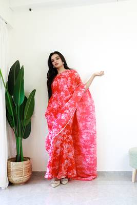 red gown style pre-stitched georgette saree free size upto 44 1