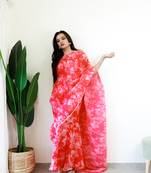 Red gown style ready to wear georgette saree free size upto 44