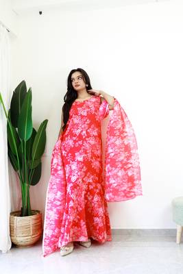 red gown style pre-stitched georgette saree free size upto 44 2