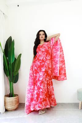 red gown style pre-stitched georgette saree free size upto 44 3