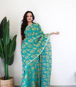 Aqua gown style ready to wear georgette saree free size upto 44