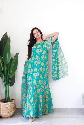 aqua gown style pre draped georgette saree free size upto 44 2