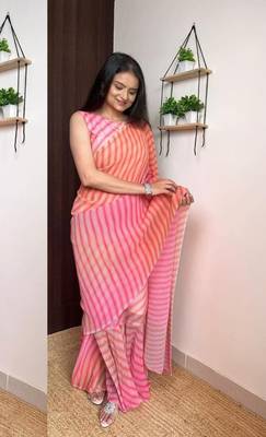 pink gown style pre draped georgette saree free size upto 42 1