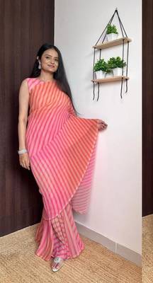 pink gown style pre draped georgette saree free size upto 42 2