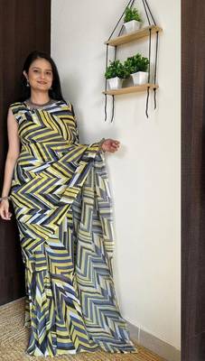 yellow gown style ready made georgette saree free size upto 42 without blouse 2