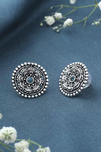Oxidized Silver Earrings with Green Stone