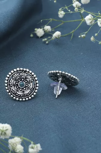 Oxidized Silver Earrings with Green Stone