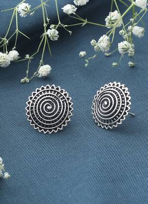 Sunburst Oxidized Silver Round Earrings 1