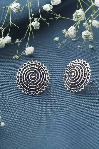 Sunburst Oxidized Silver Round Earrings
