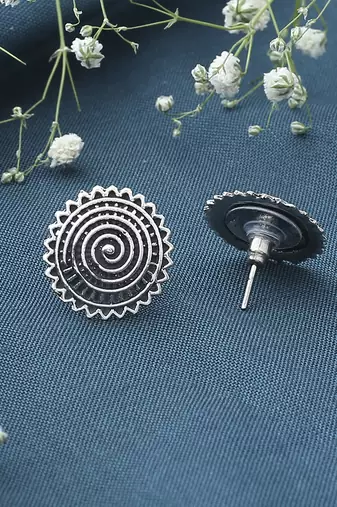 Sunburst Oxidized Silver Round Earrings