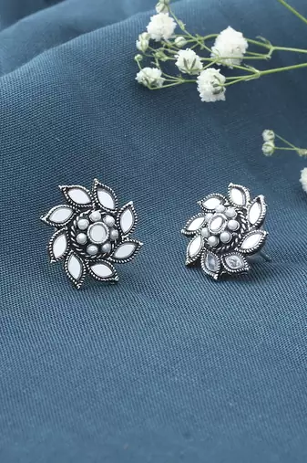 Floral Shaped Oxidised Mirror Earrings