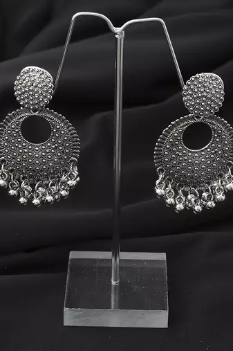 Round Oxidised Long Earrings With Hanging Beads