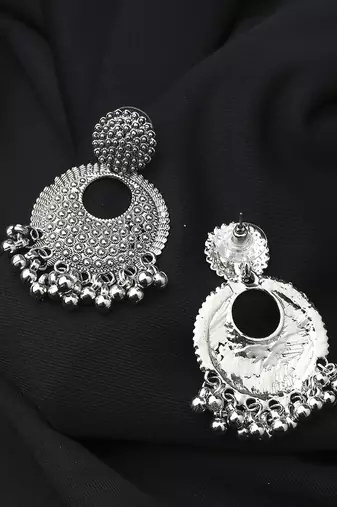 Round Oxidised Long Earrings With Hanging Beads