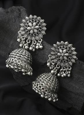 Long Oxidised Floral Shaped Earrings 1