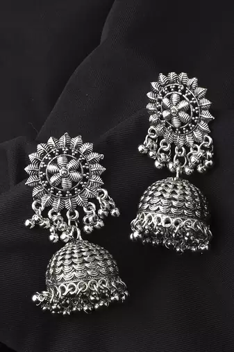 Long Oxidised Floral Shaped Earrings