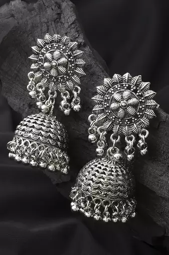 Long Oxidised Floral Shaped Earrings