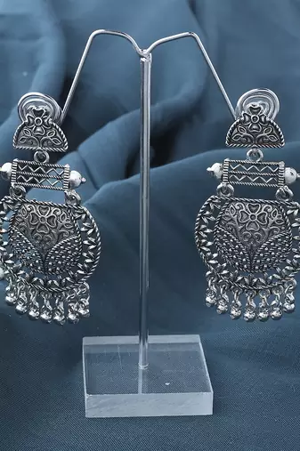 Oxidised Long Earrings With Hanging Beads