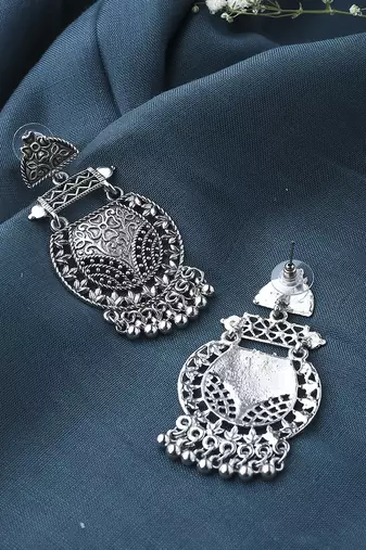 Oxidised Long Earrings With Hanging Beads