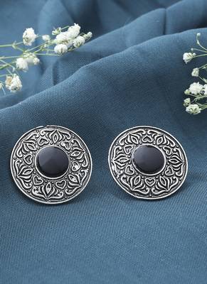 Round Silver Earrings With Black Stones 1