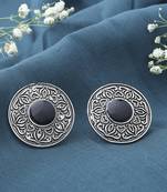 Round Silver Earrings With Black Stones