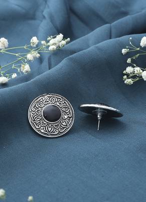 Round Silver Earrings With Black Stones 2