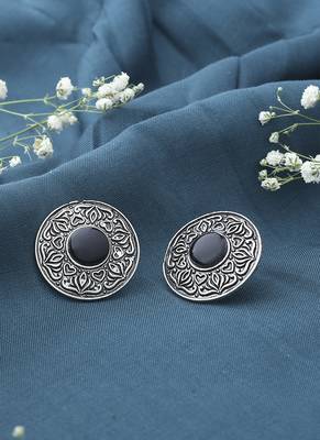 Round Silver Earrings With Black Stones 3
