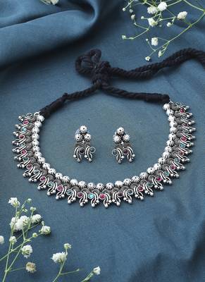 Multicolour Oxidised Necklace Set With Green And Pink Stones 1