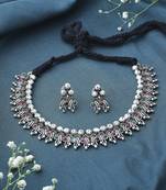Multicolour Oxidised Necklace Set With Green And Pink Stones