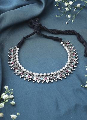 Multicolour Oxidised Necklace Set With Green And Pink Stones 3